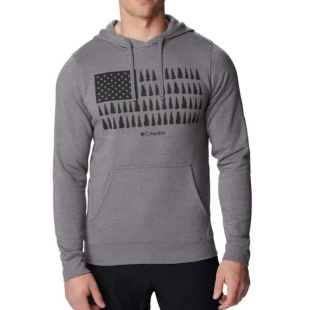 Columbia Men's Trek Graphic Hoodie Gray Heather Tree Stripe Flag Sz L NEW~~
